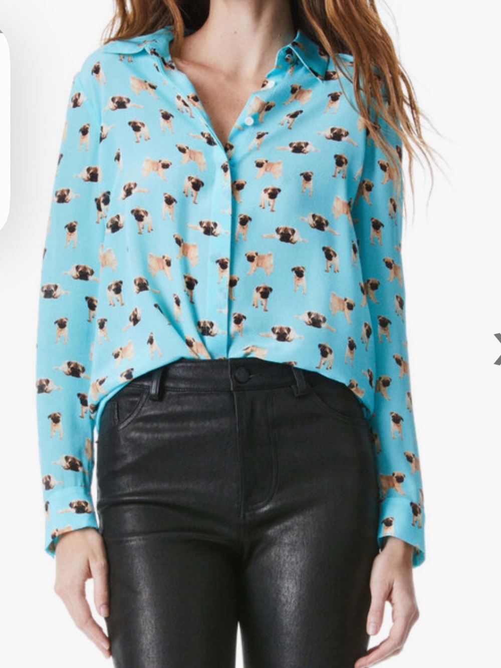 Alice + Olivia Teal Pug-Print Button Down Shirt - Picture 3 of 6